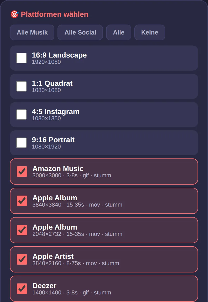 Bildschirmfoto aus dem VideoKonverter: Plattformen wählen, mit den Knöpfen Alle Musik, Alle Social, Alle und Keine sowie der Liste der Vorlagen mit Auflösung, Länge und Dateiformat.